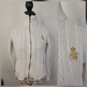 Lauren Ralph Lauren Womens Full Zip Cable Knit Crest Cardigan Sweater Sz S White